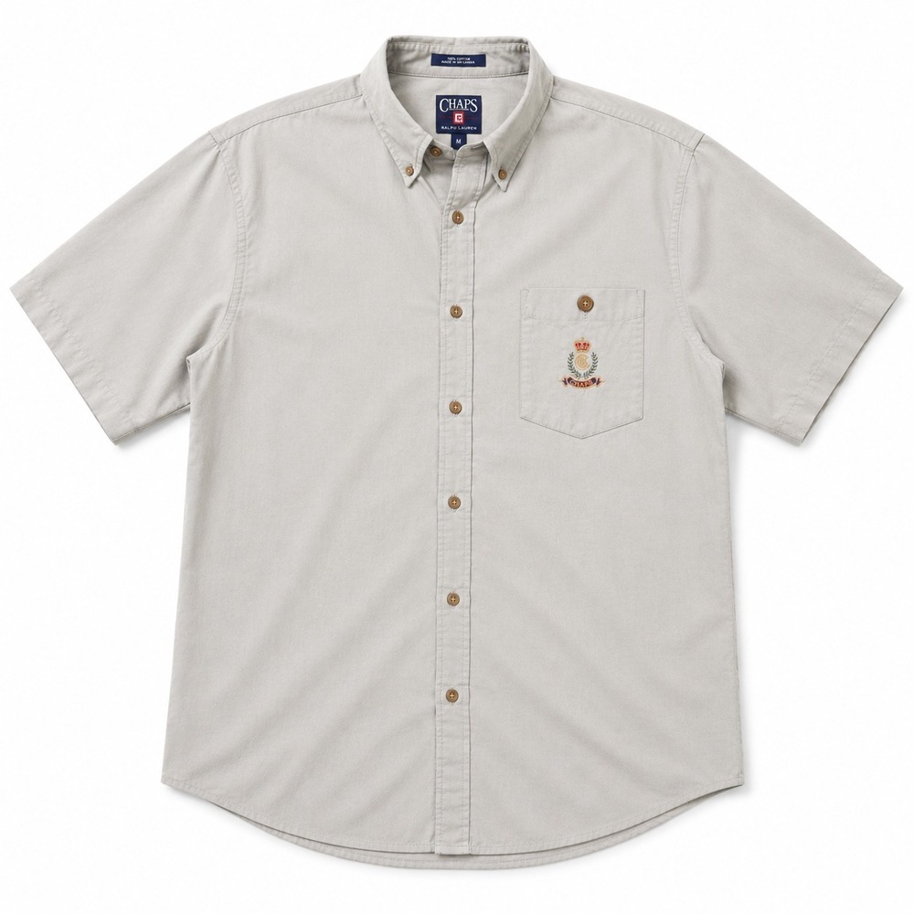 Vintage Chaps Ralph Lauren Short Sleeve Button Up Crest Logo Mens M Olive Green - Picture 1 of 8